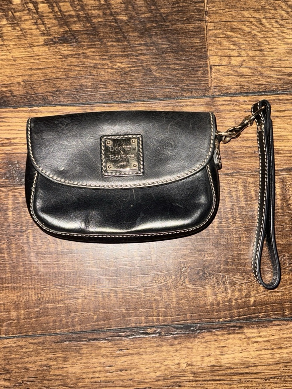 Dooney & Bourke Black Leather Wristlet Clutch with Contrast Stitching